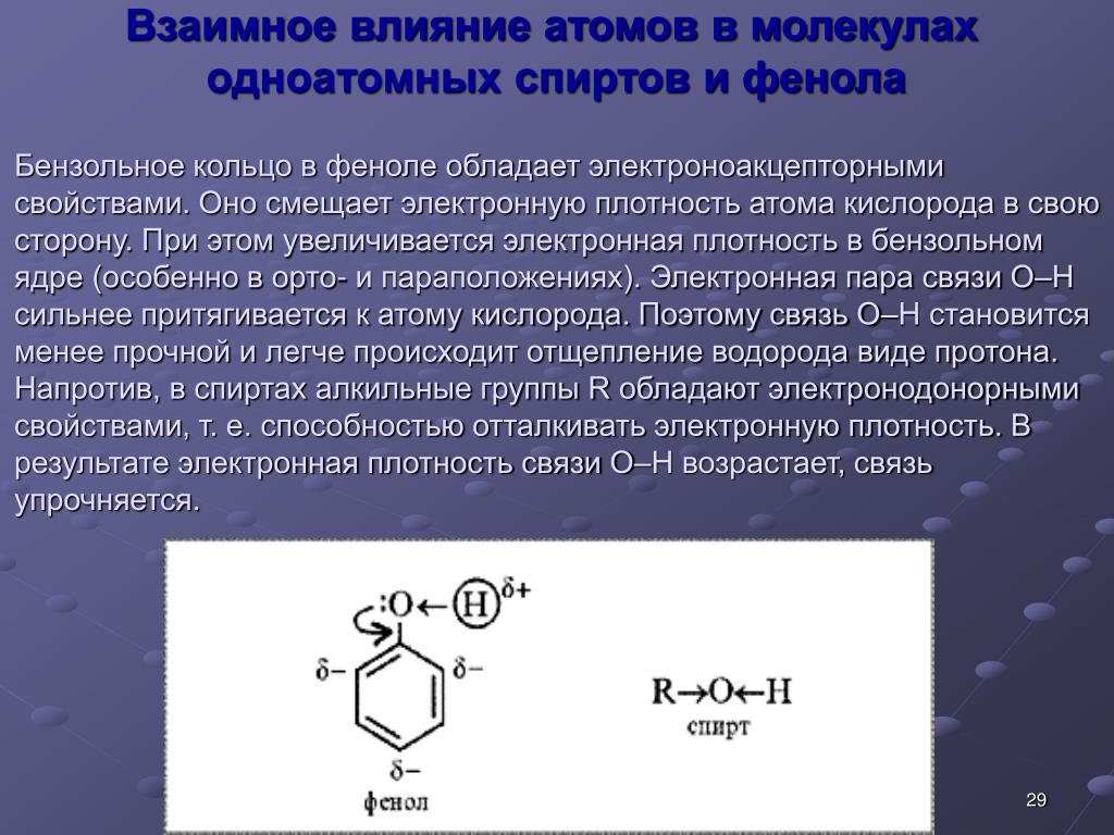 Фенол гибридизация углерода. Влияние бензольного кольца на гидроксильную группу. Взаимное влияние атомов в молекуле фенола. Взаимное влияние атомов в молекуле. Взаимное влияние атомов в молекулах органических соединений.