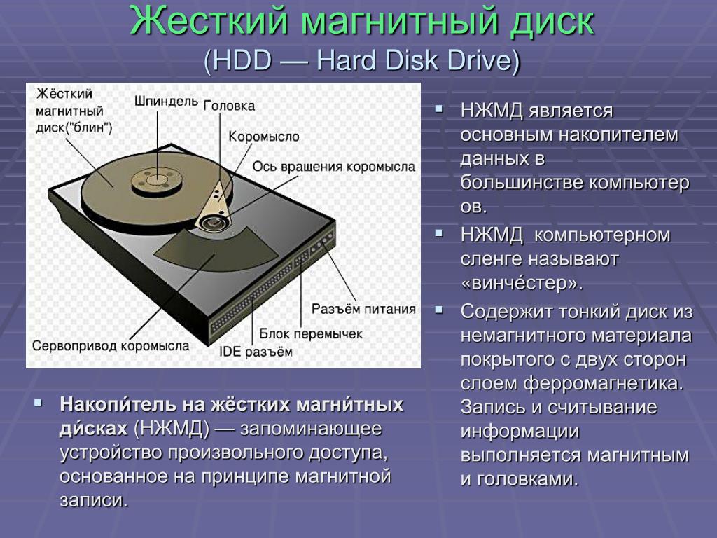 Информация хранится на жестком диске. Назначение накопителя на жёстком диске НЖМД (HDD):. Магнитные диски. Накопители на жестких магнитных дисках (НЖМД).