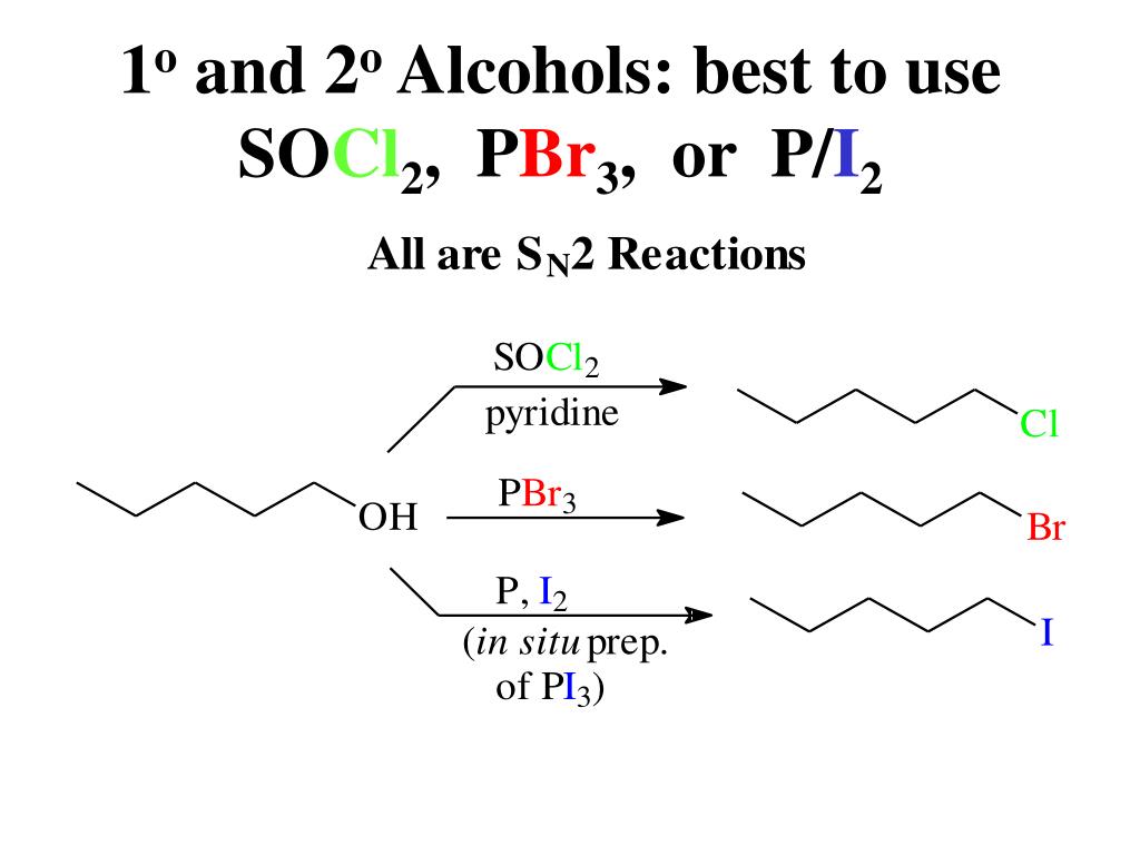 1o and 2o Alcohols: best to use SOCl2, PBr3,or P/I2.
