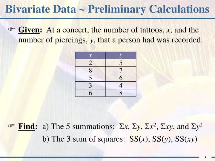 PPT - Bivariate Data ~ Preliminary Calculations PowerPoint Presentation -  ID:6601164