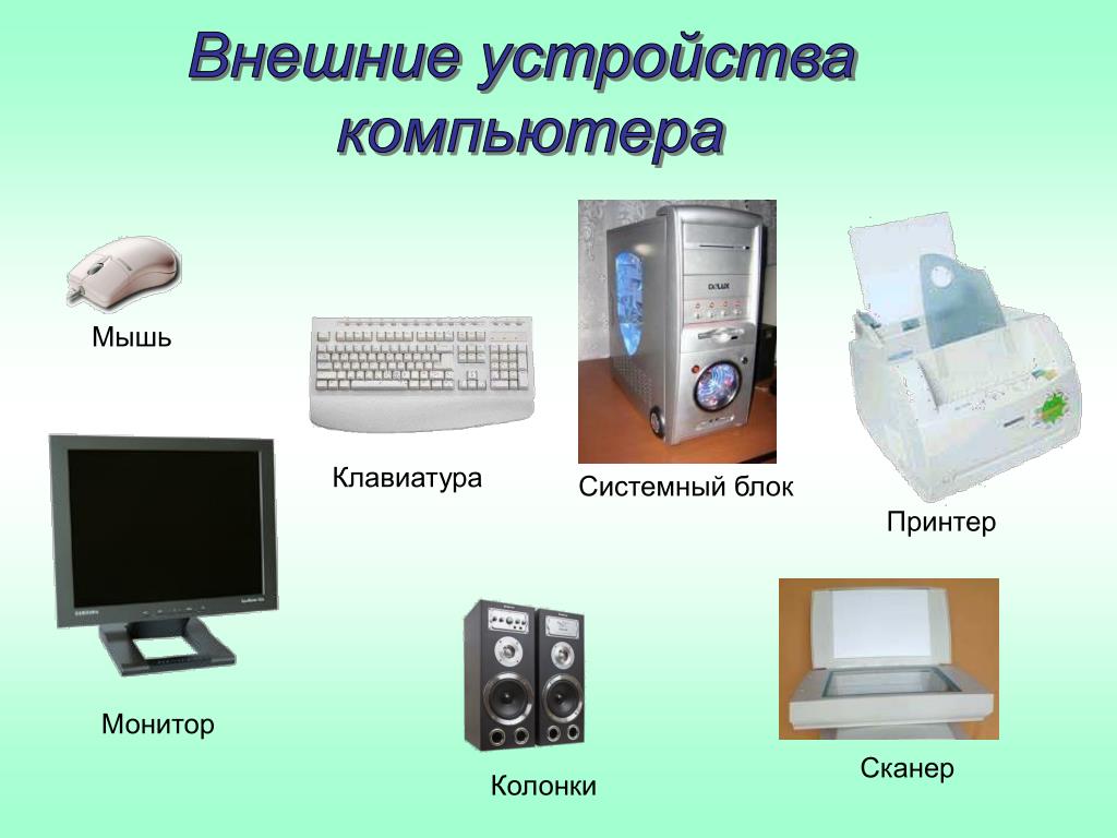 Персональный компьютер устройства вывода. Внешние устройства ПК. Внешний. Монитор клавиатура мышь системный блок колонки принтер. Устройства компьютера: системный блок, монитор,.