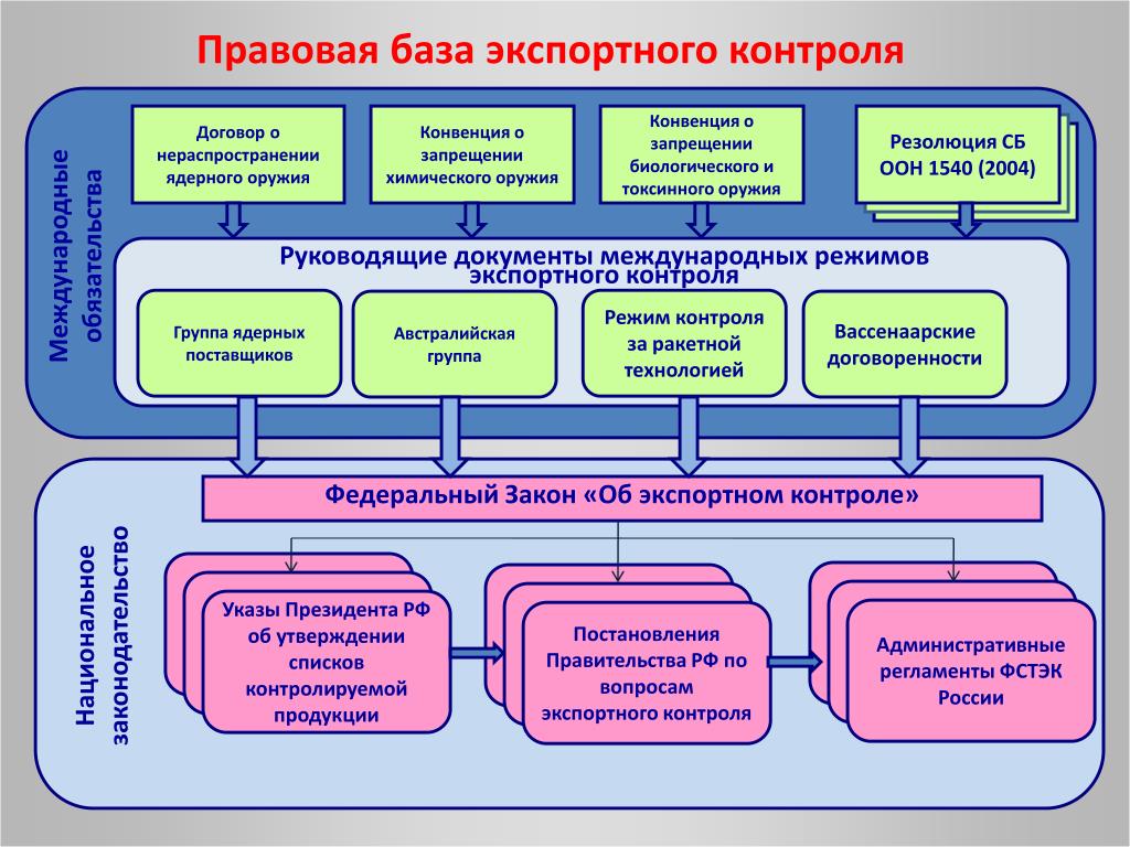 Средства реализации контроля. Система экспортного контроля. Подсистемы экспортного контроля. Структура экспортного контроля РФ. Международные режимы экспортного контроля.