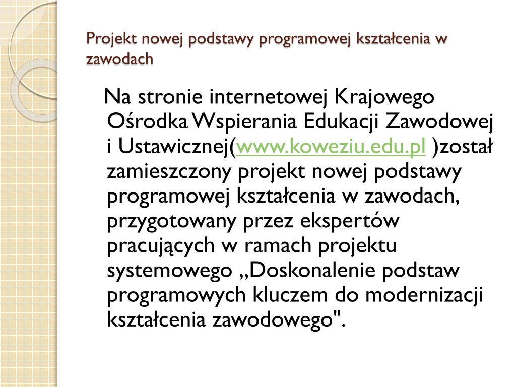 Plany Wynikowe Z Wychowania Fizycznego Do Nowej Podstawy Programowej PPT - Projekt nowej podstawy programowej kształcenia w zawodach