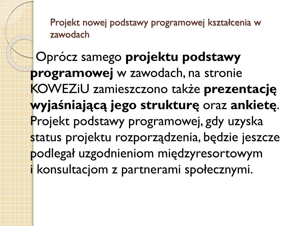 Plany Wynikowe Z Wychowania Fizycznego Do Nowej Podstawy Programowej PPT - Projekt nowej podstawy programowej kształcenia w zawodach