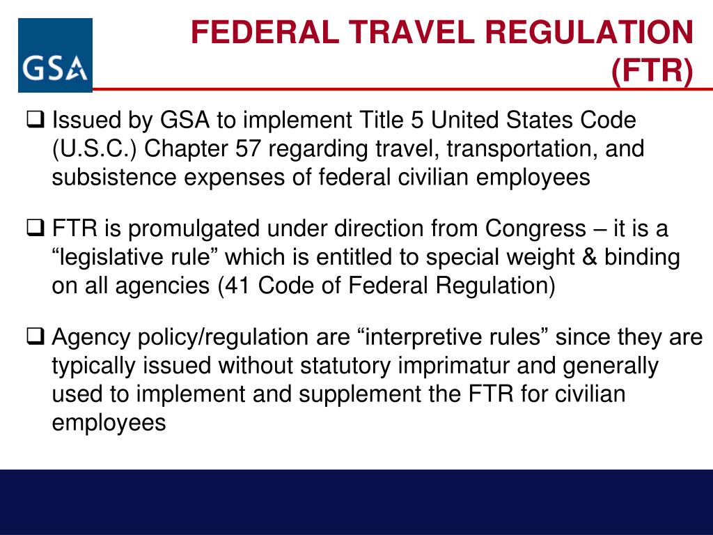PPT Federal Travel Regulation (FTR) for NonDefense Agencies