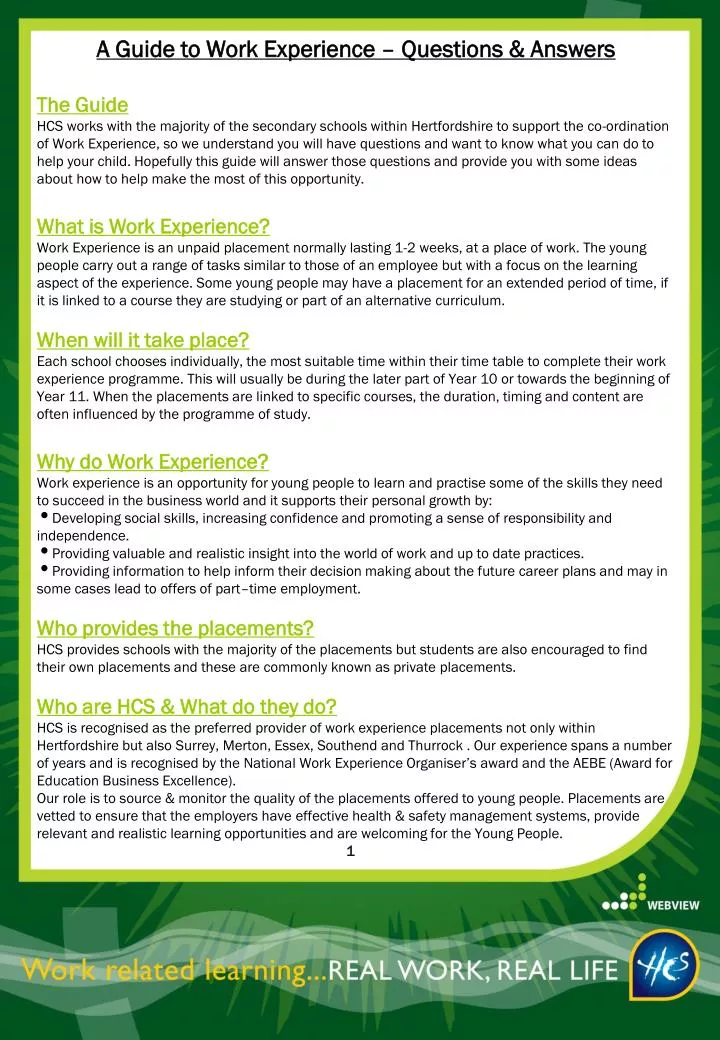 Ppt A Guide To Work Experience Questions Answers The Guide Powerpoint Presentation Id 6686073