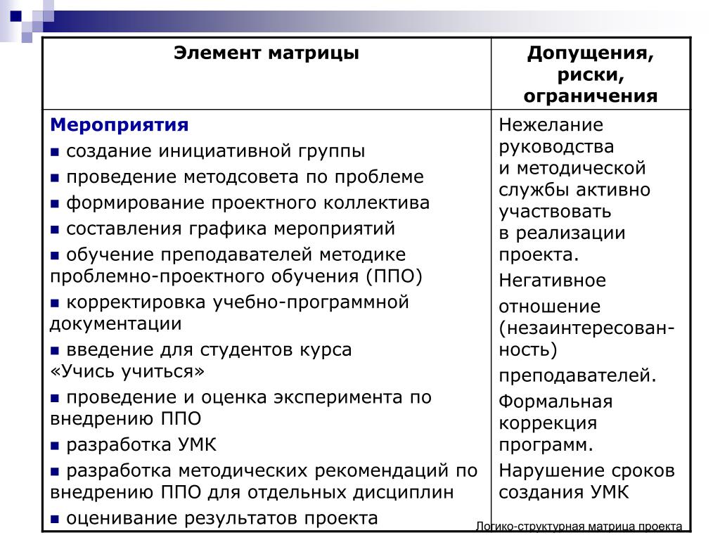 Дополнительные компоненты. Риски и ограничения. Проектно матричный элемент.