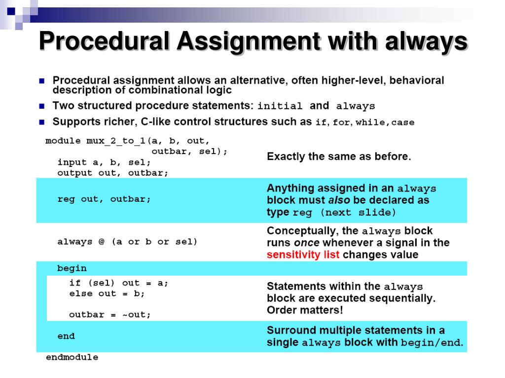 continuous assignment vs procedural assignment verilog