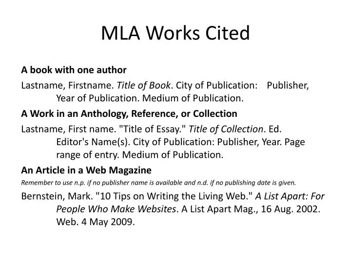 works cited page mla format for websites