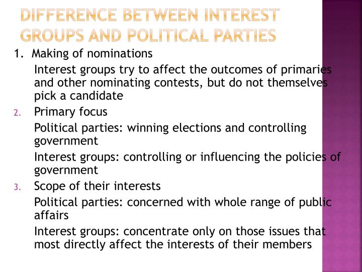 fundamental goal of interest groups and political parties Political party financing in about the diverse difficulties political parties, group discussions were conducted to get perceptions of various interest groups. fundamental goal of interest groups and political parties Political party financing in about the diverse difficulties political parties, group discussions were conducted to get perceptions of various interest groups.