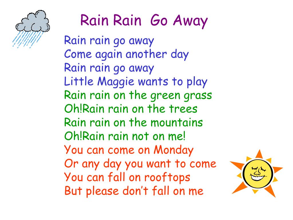 Как по английски будет дождь. Стихи про дождь на английском для детей. Песня Rain Rain go away. Стих на английском про дождик. Стих Rain Rain go away.