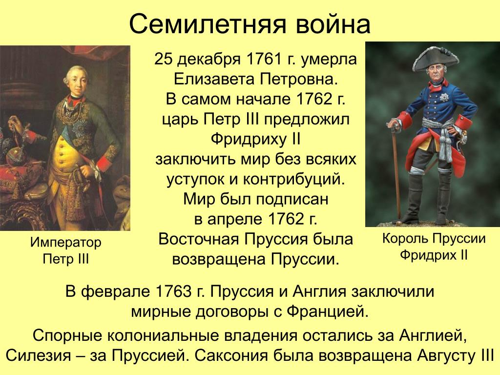 Вступление россии в семилетнюю войну год. Мирный договор в семилетней войне 1756-1762.