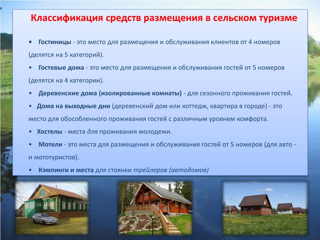 Классификация сельского туризма. Классификация агротуризма. Направления развития сельского туризма. Средства размещения в сельском туризме. Организация в сельской местности. Классификация сельского туризма. Классификация агротуризма. Направления развития сельского туризма. Средства размещения в сельском туризме.
