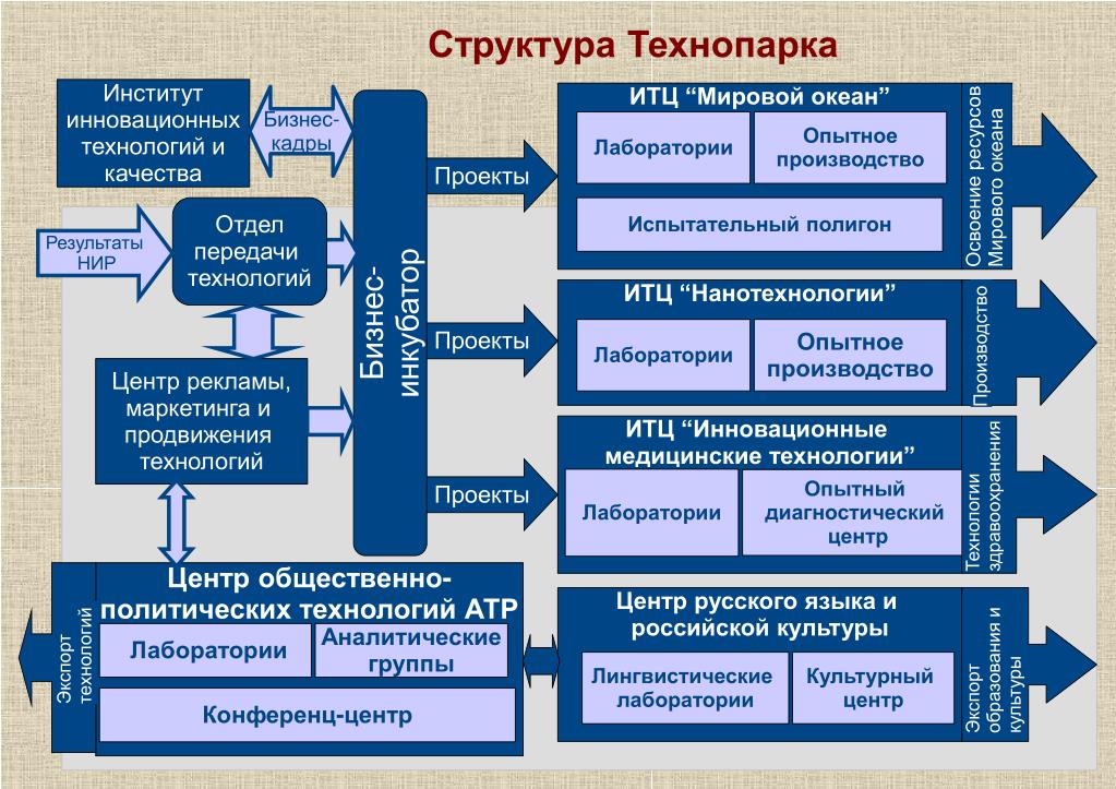 Основные виды научно технической деятельности. Структура технопарка. Технопарки организационная структура.