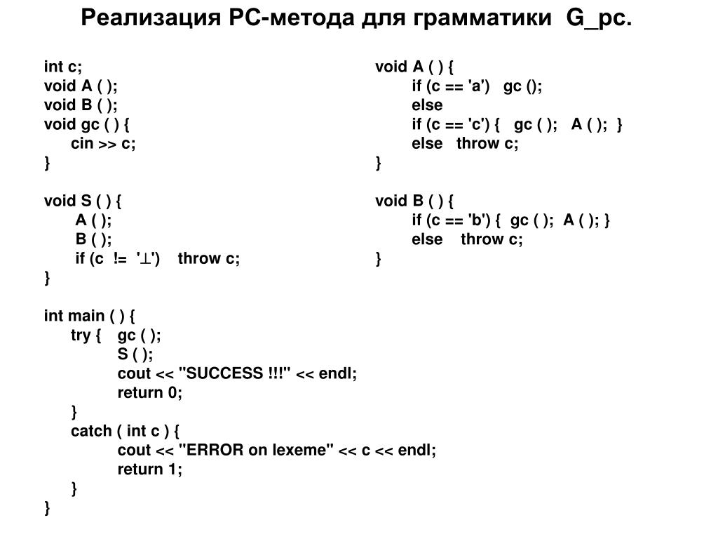 Throw int. Метод рекурсивного спуска для грамматики.