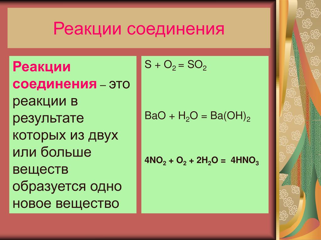 Определите класс веществ ba oh 2. Реакция соединения. Bao реакции. Bao+h2o Тип реакции.