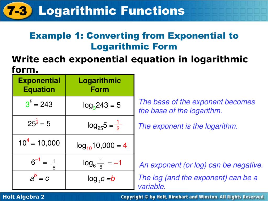 PPT - Write equivalent forms for exponential and logarithmic