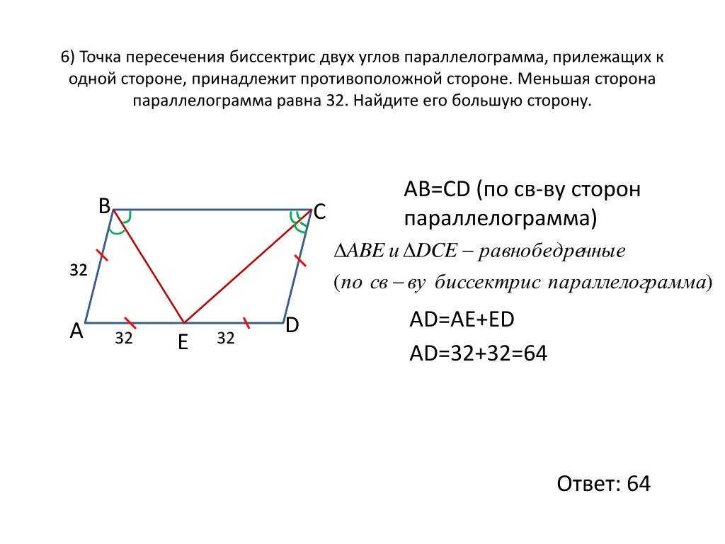 В параллелограмме авсд сторона аб 7. Нахождение диагонали параллелограмма. Параллелограмм АВСД. Стороны параллелограмма. Биссектриса угла параллелограмма.