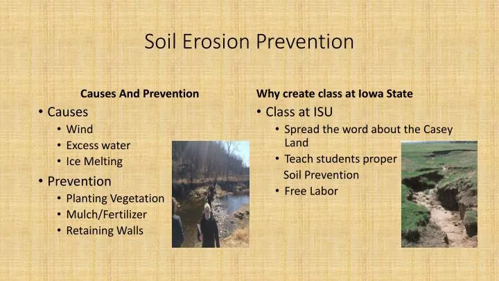 Soil erosion prevention techniques illustrated, showing planting cover crops and water management solutions