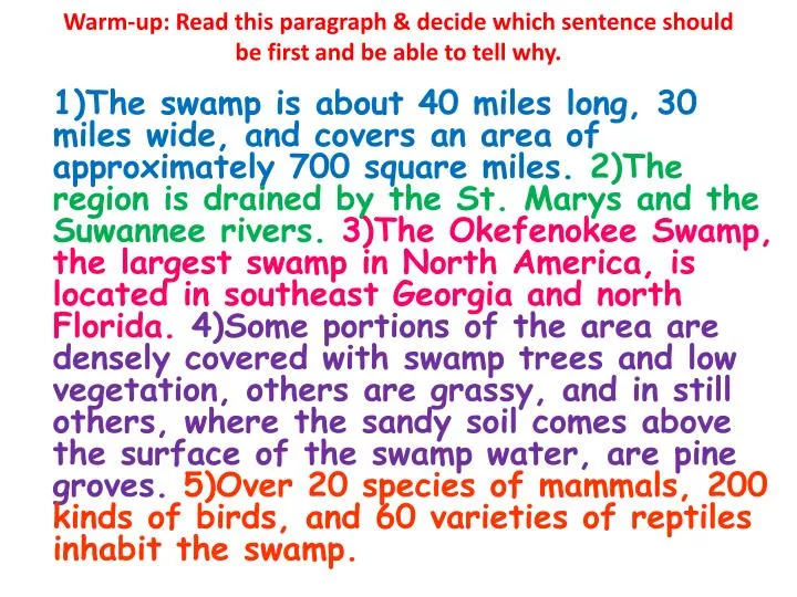 warm up read this paragraph decide which sentence should be first and be able to tell why n.
