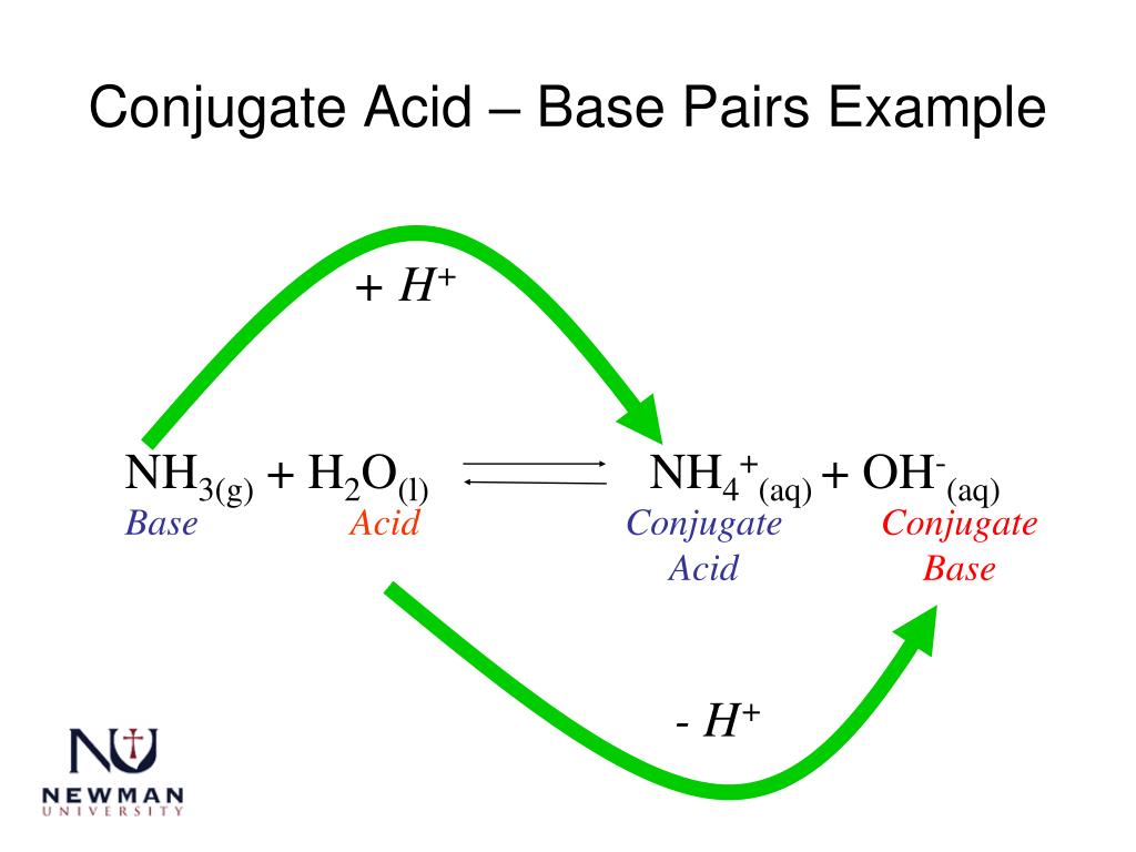 Conjugate Acid - Base Pairs Example + H+ NH3(g) + H2O(l) NH4+(aq)+ OH-(aq) Base...