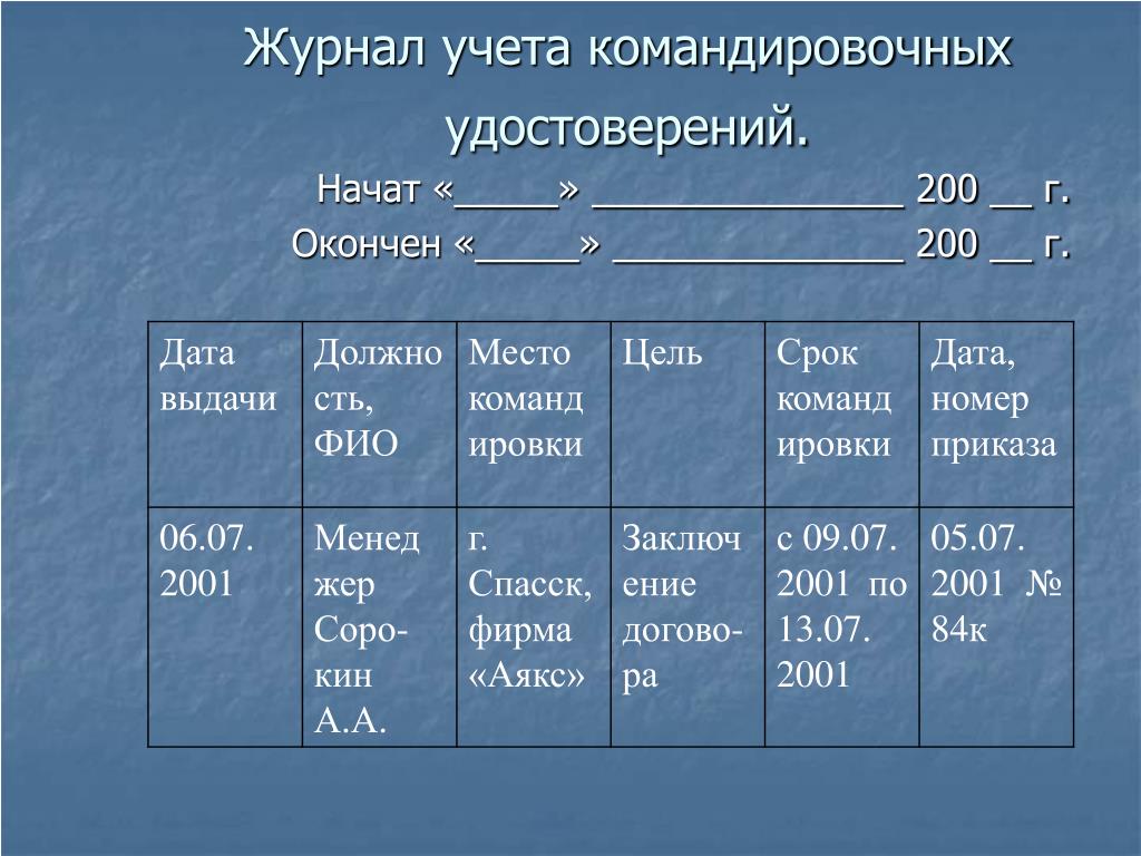 Журнал учета командировок образец