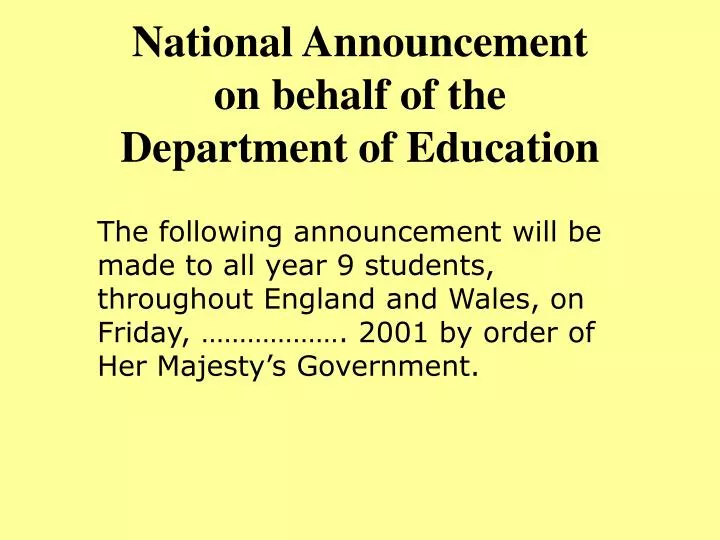national announcement on behalf of the department of education n.