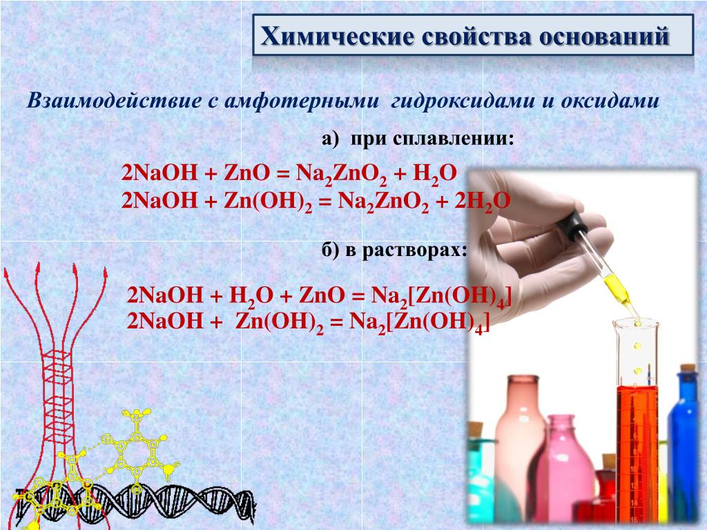 Пример гидроксида натрия. Взаимодействие гидроксидов с амфотерными оксидами. Взаимодействие амфотерных гидроксидов с кислотами. Реакции взаимодействия гидроксидов и амфотерных оксидов. Химические свойства оснований.
