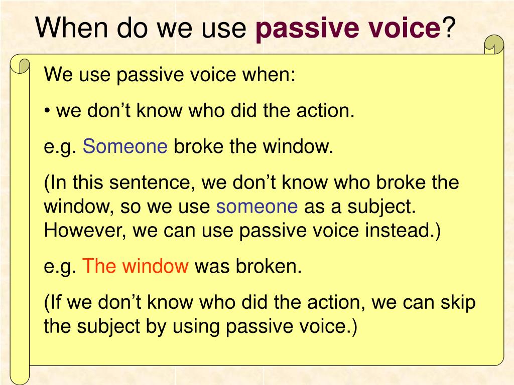 Текст в пассивном залоге. When do we use Passive Voice. When we use Passive Voice. Passive Voice use when. Use в страдательном залоге.