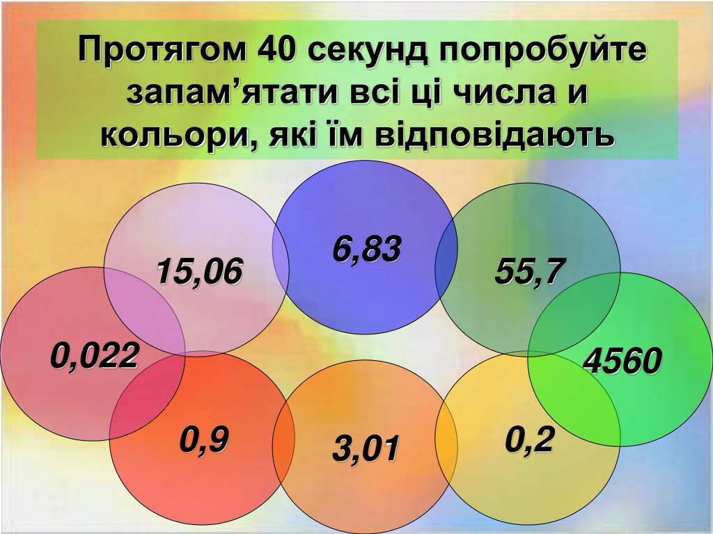 Дроби секунд. Тренируй память. Проект тренирую память Обществознание 6. Запомни числа: Тренируй память. Цвет соответствующий цифре 22.