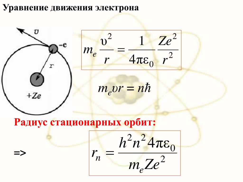 Радиус стационарных орбит. Радиус орбиты электрона по теории Бора. Уравнение движения электрона. Уравнение движения электрона в атоме. Радиусы стационарных орбит.