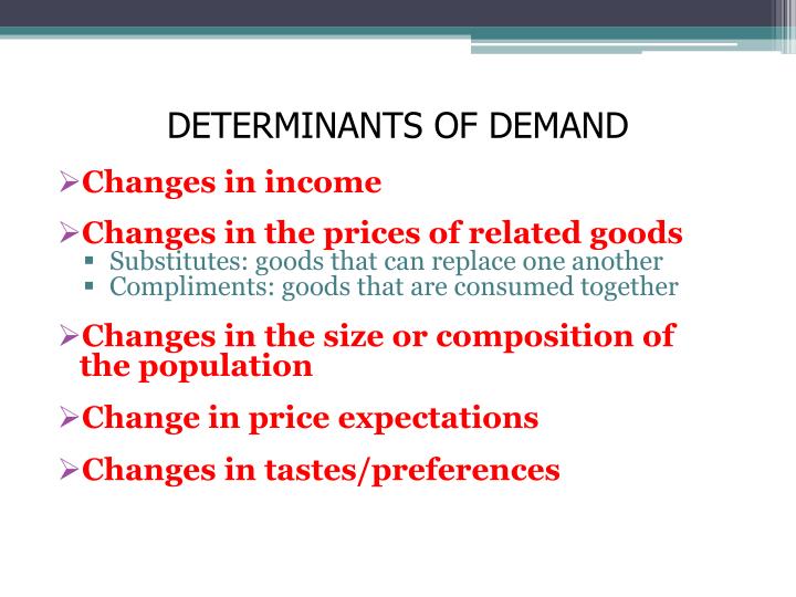 explain determinants of demand These three determinants are listed here: nature of commodity -the more perishable a good,lower will its elasticity of demand,middle income groups have highly elastic demand ,goods having alternative uses have elastic demand,for egmilk. explain determinants of demand These three determinants are listed here: nature of commodity -the more perishable a good,lower will its elasticity of demand,middle income groups have highly elastic demand ,goods having alternative uses have elastic demand,for egmilk.