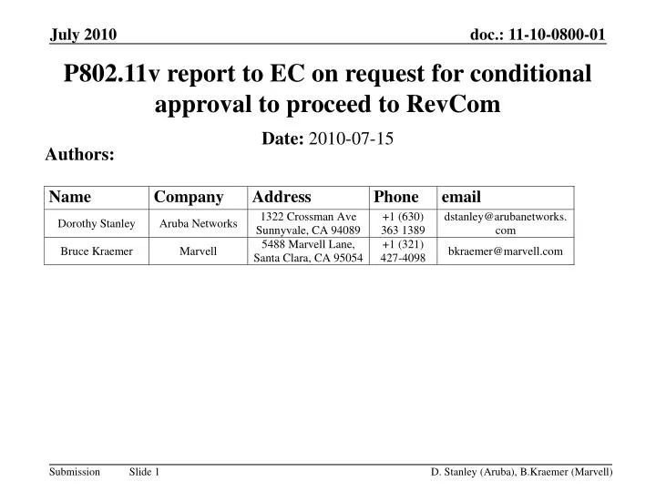 p802 11v report to ec on request for conditional approval to proceed to revcom n.